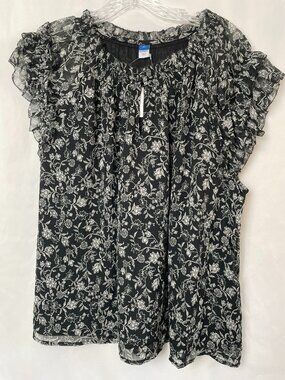 Old Navy Blk Wht Floral Design Smocked Neck Flutter Sleeves Top XL